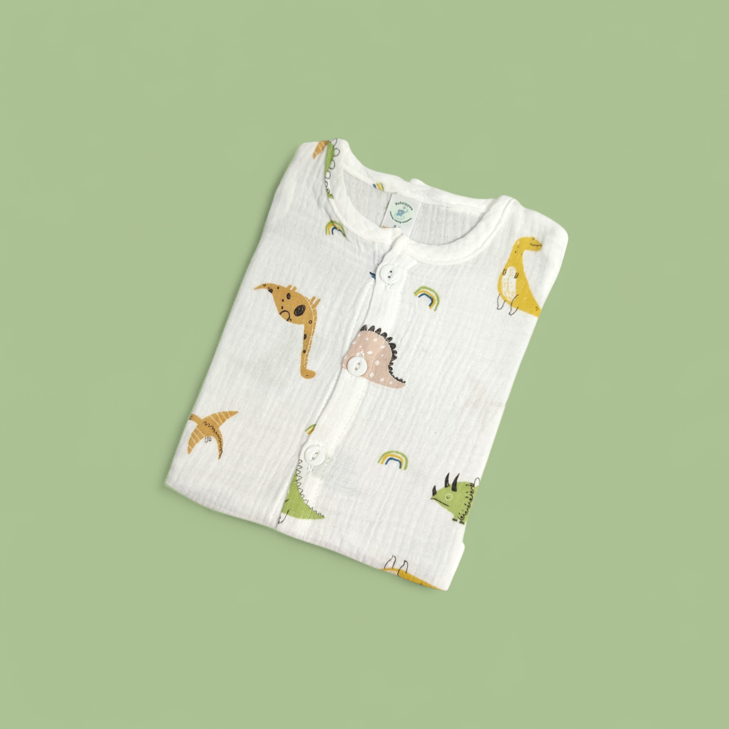 DINO PRINT BUTTON-UP MUSLIN NIGHTSUIT - WHITE