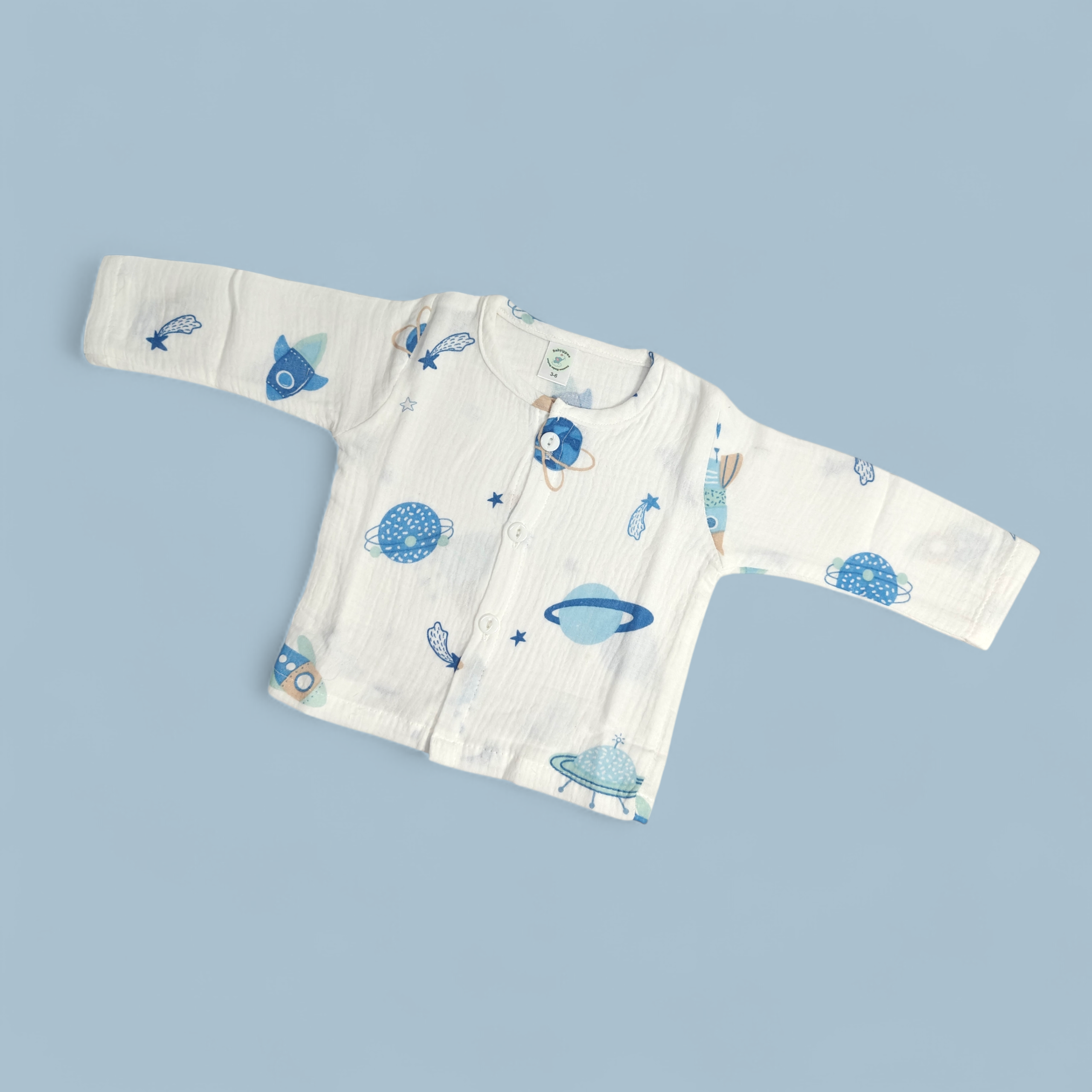 SPACE PRINT BUTTON-UP MUSLIN NIGHTSUIT - WHITE