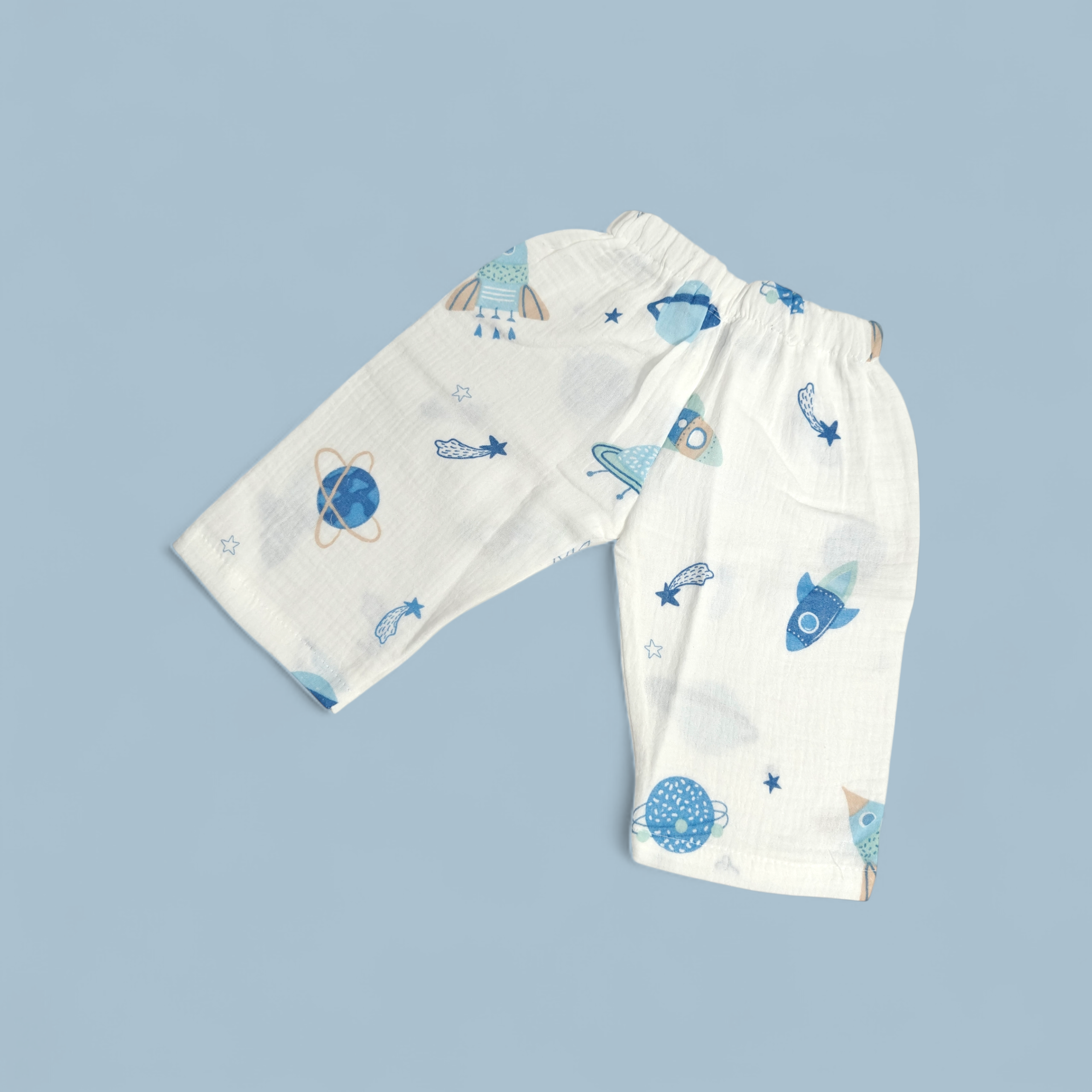 SPACE PRINT BUTTON-UP MUSLIN NIGHTSUIT - WHITE