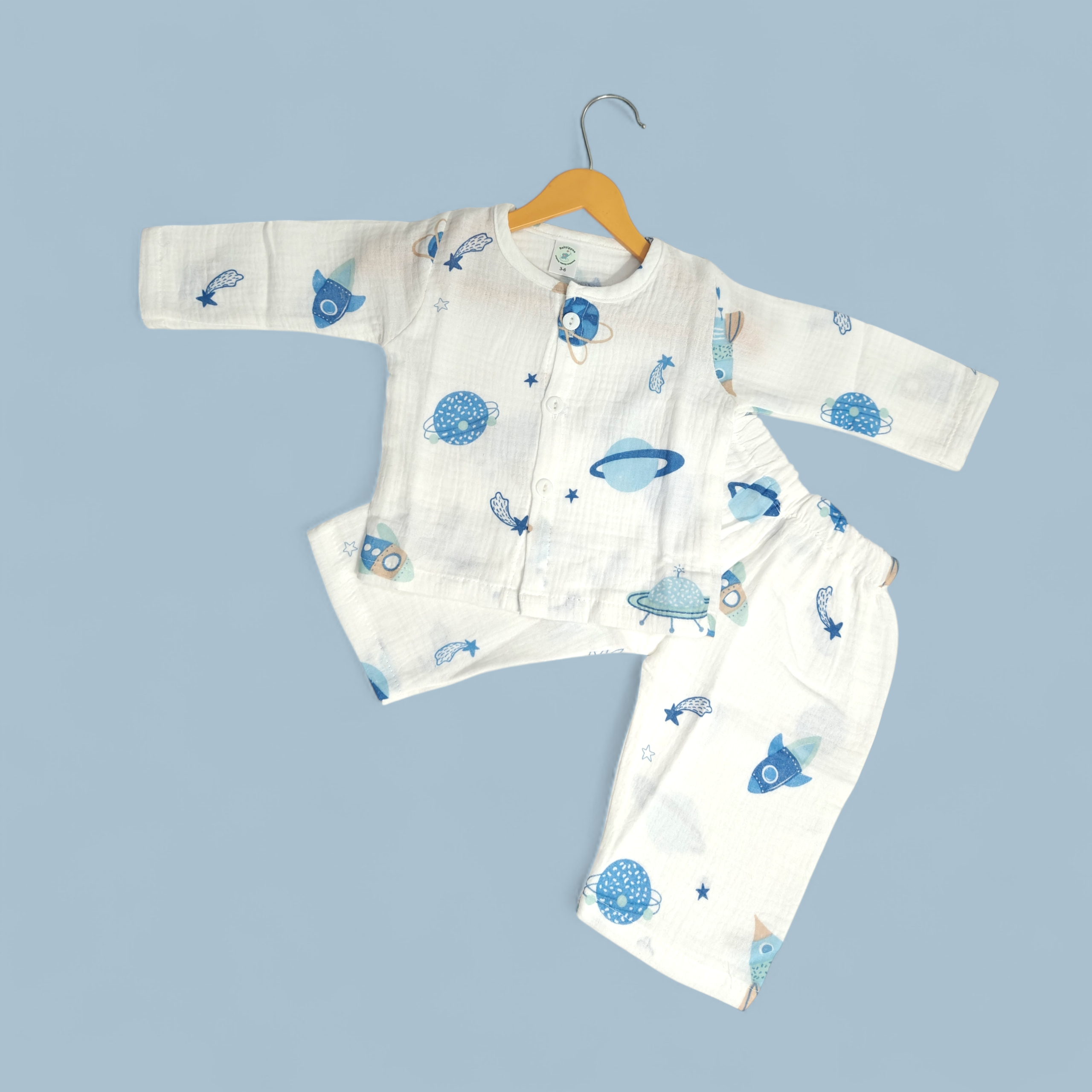 SPACE PRINT BUTTON-UP MUSLIN NIGHTSUIT - WHITE