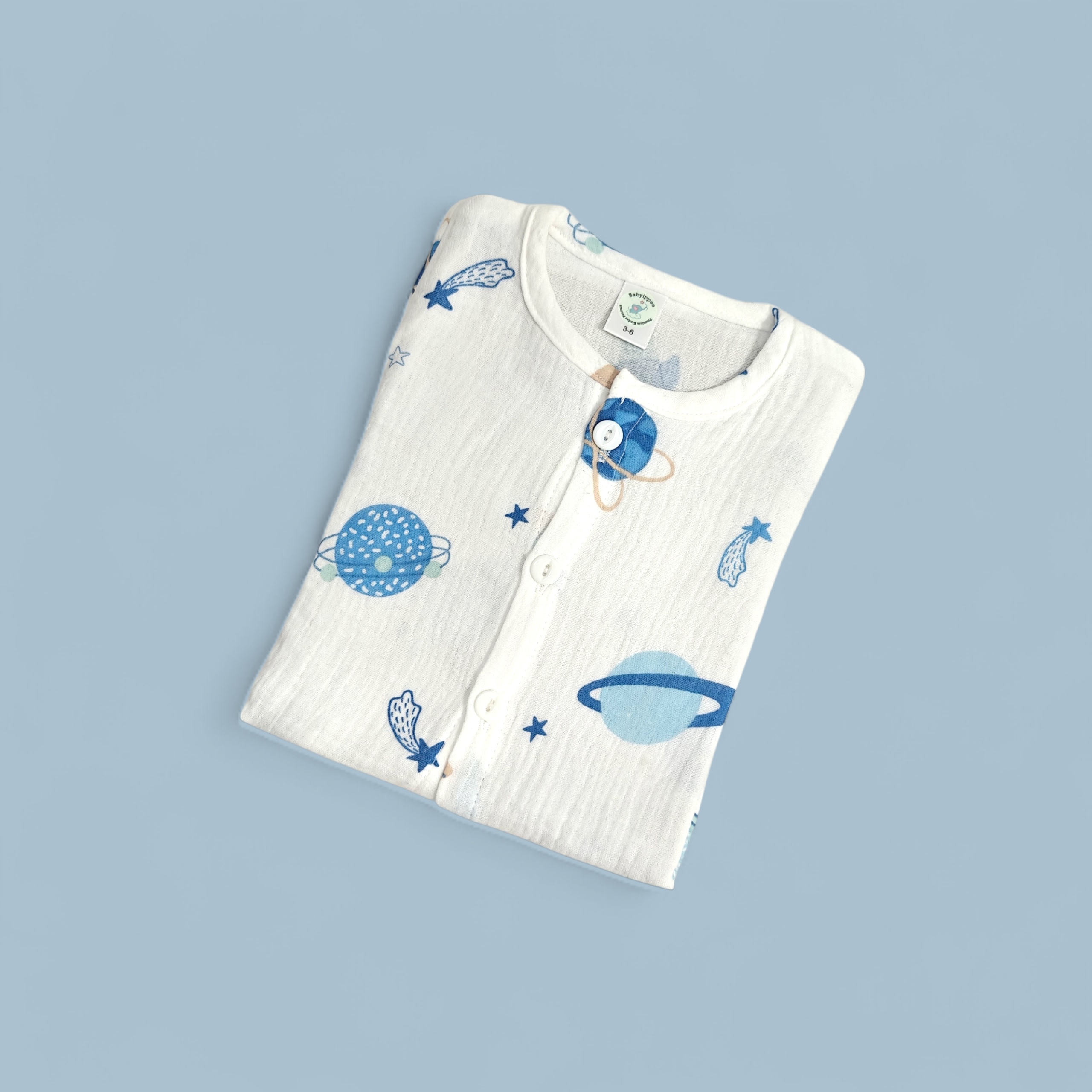 SPACE PRINT BUTTON-UP MUSLIN NIGHTSUIT - WHITE