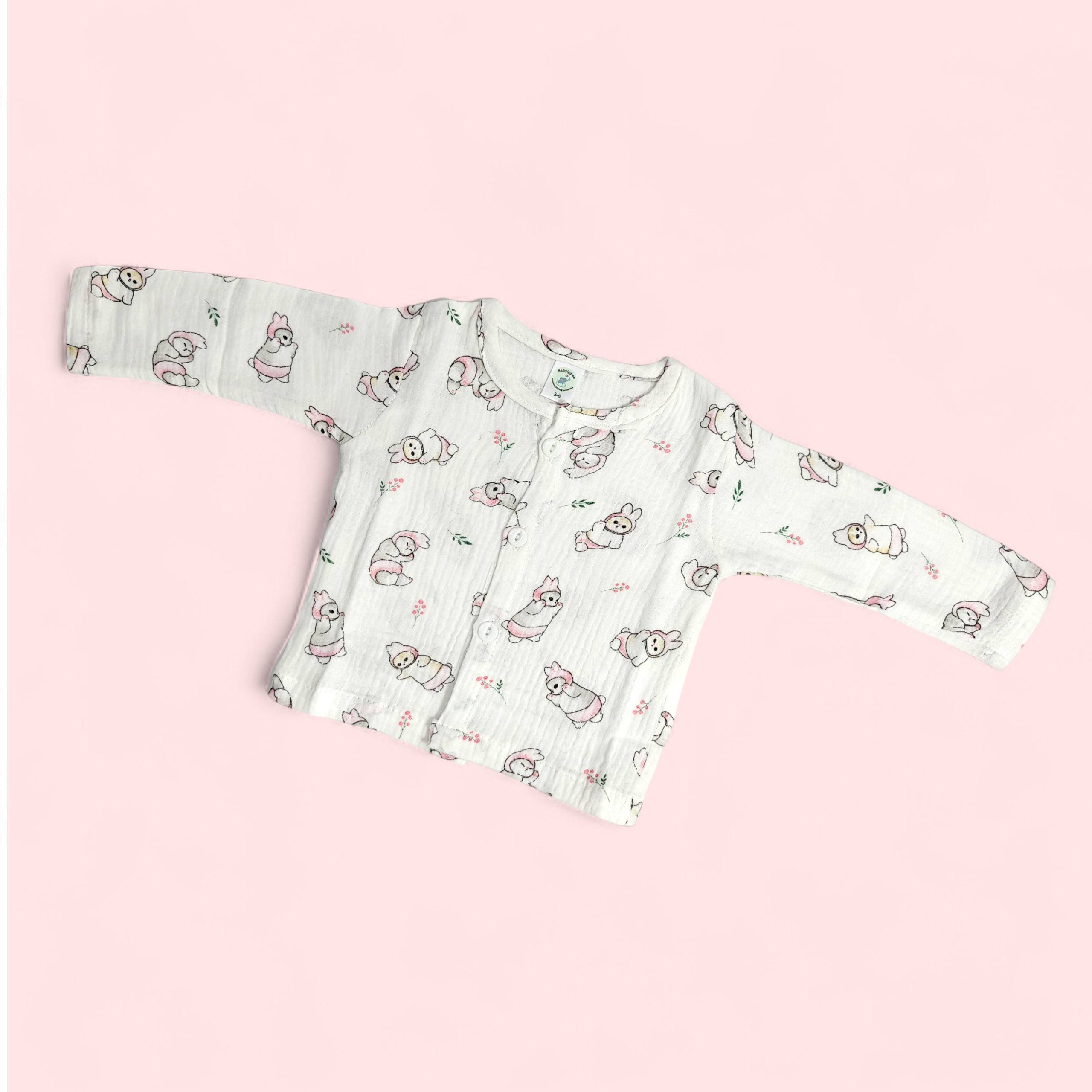 BUNNY BABY PRINT BUTTON-UP MUSLIN NIGHTSUIT - WHITE