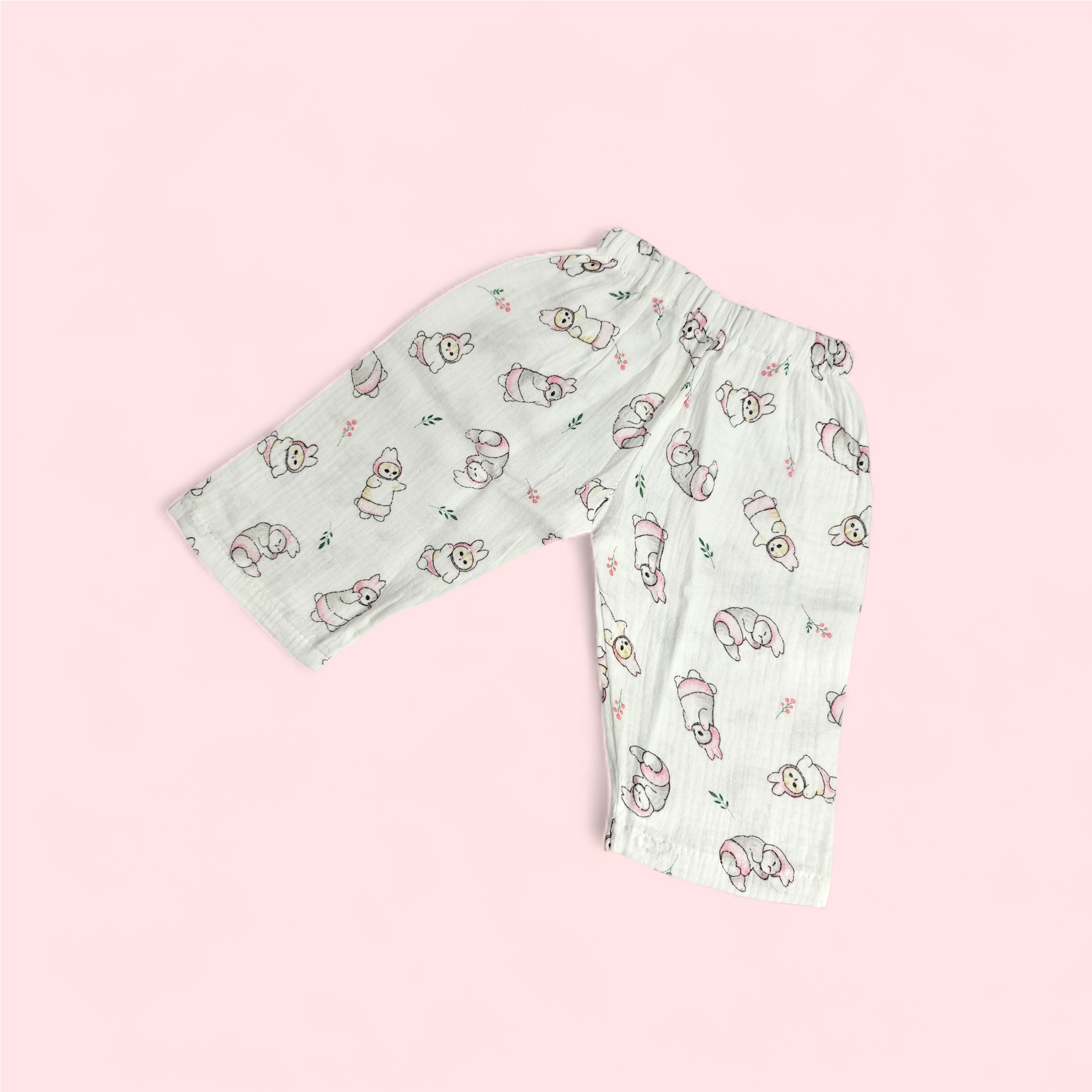 BUNNY BABY PRINT BUTTON-UP MUSLIN NIGHTSUIT - WHITE