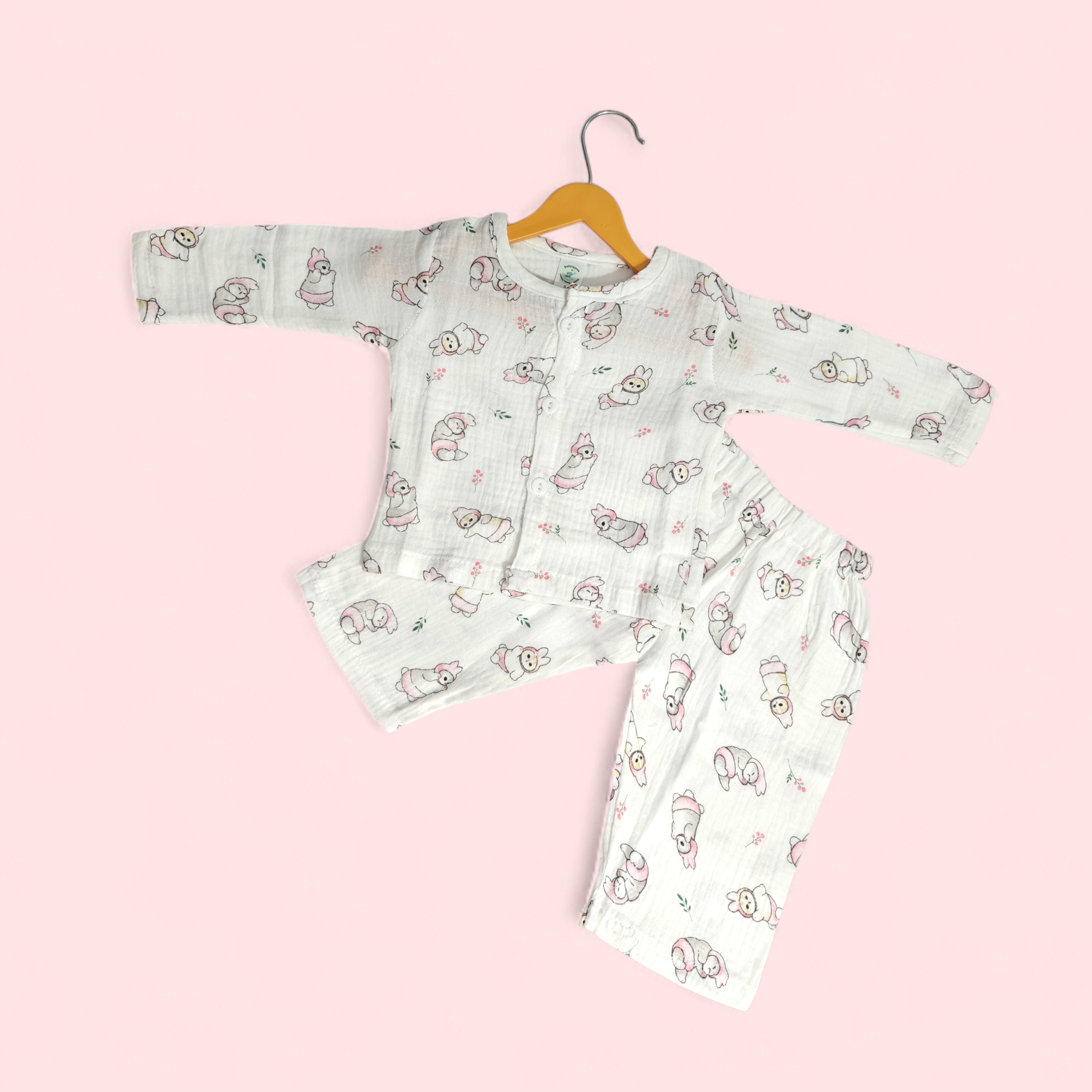 BUNNY BABY PRINT BUTTON-UP MUSLIN NIGHTSUIT - WHITE