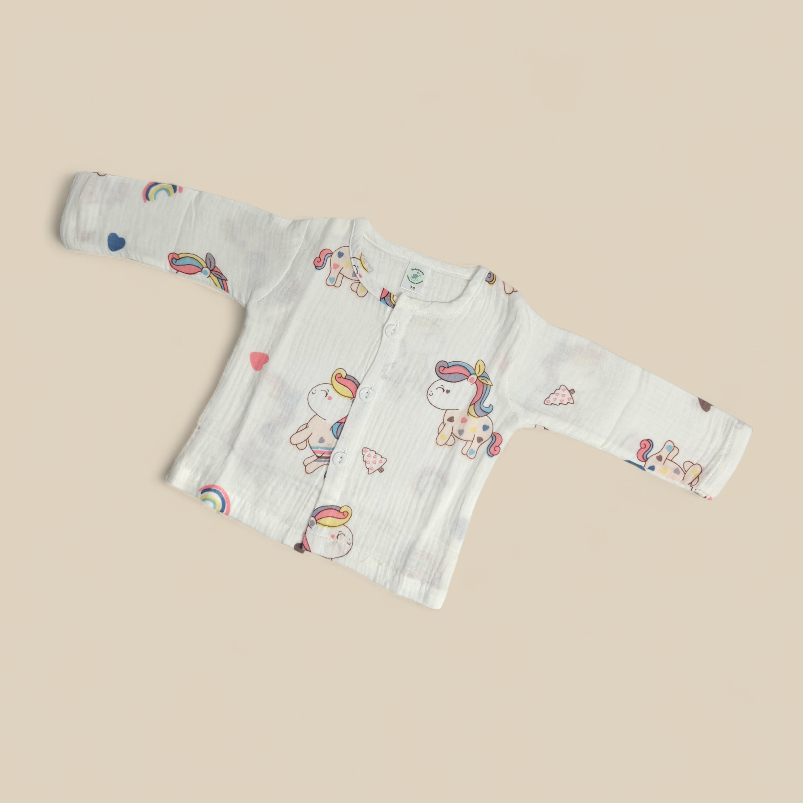 BABY UNICORN PRINT BUTTON-UP MUSLIN NIGHTSUIT - WHITE