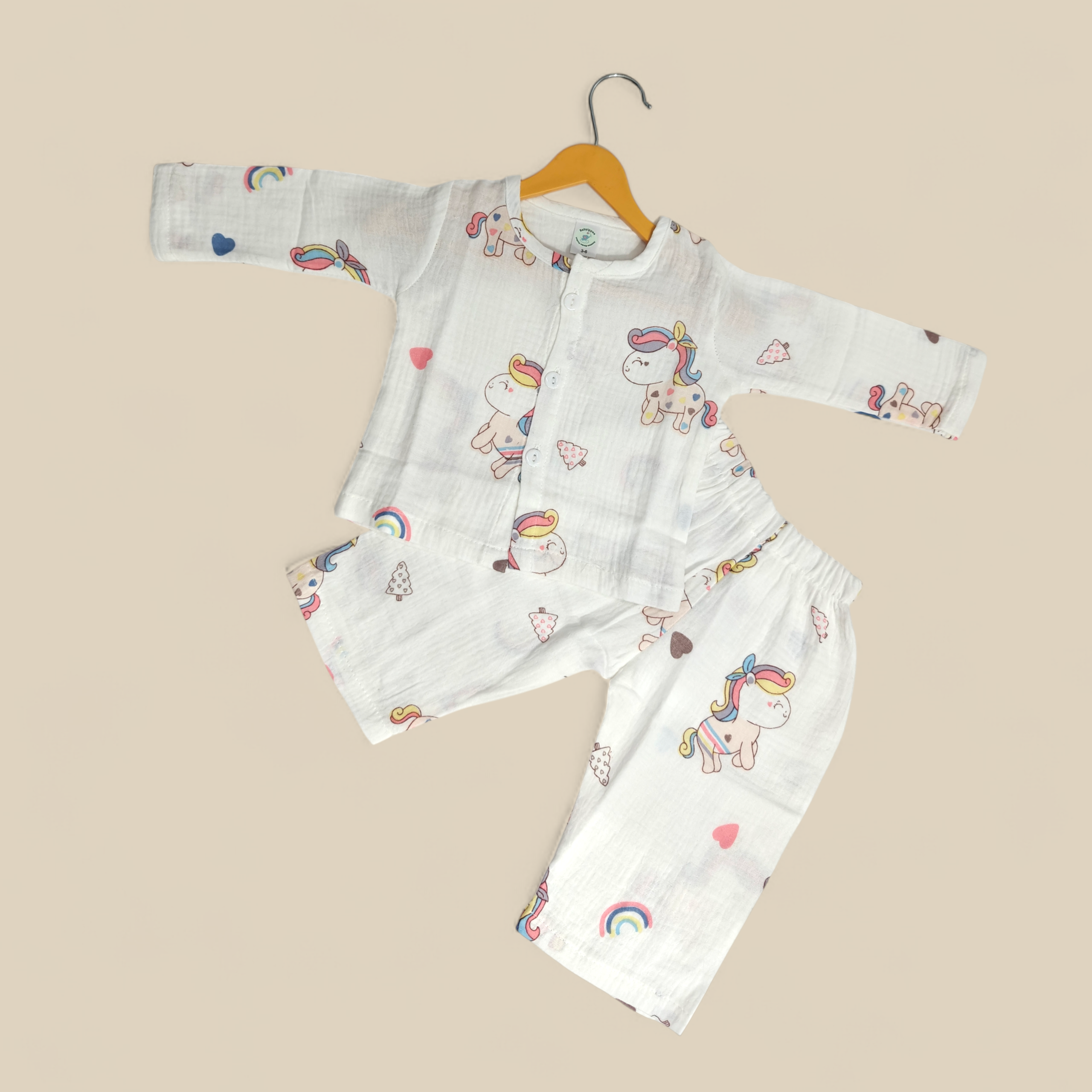 BABY UNICORN PRINT BUTTON-UP MUSLIN NIGHTSUIT - WHITE