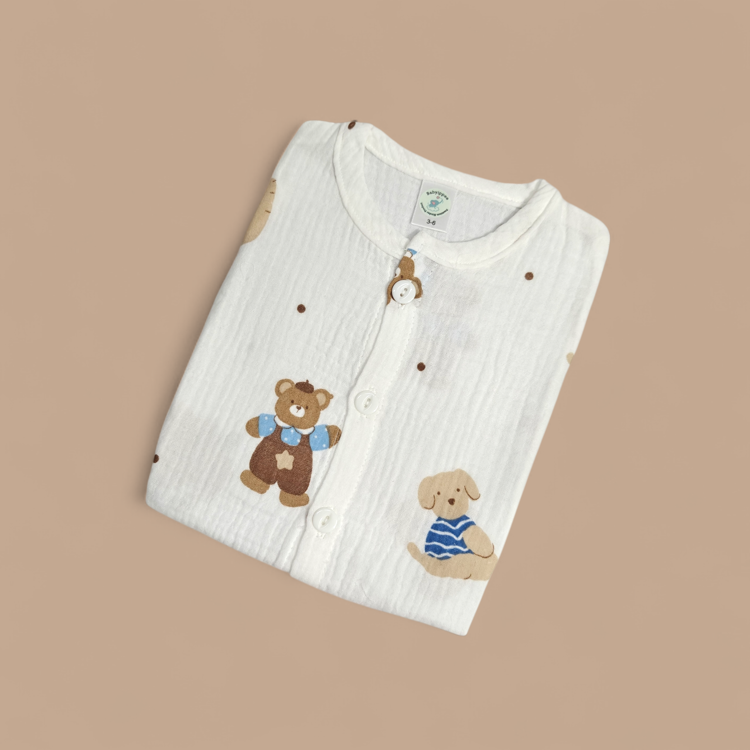 ELEPHANT & BEAR PRINT BUTTON-UP MUSLIN NIGHTSUIT - WHITE