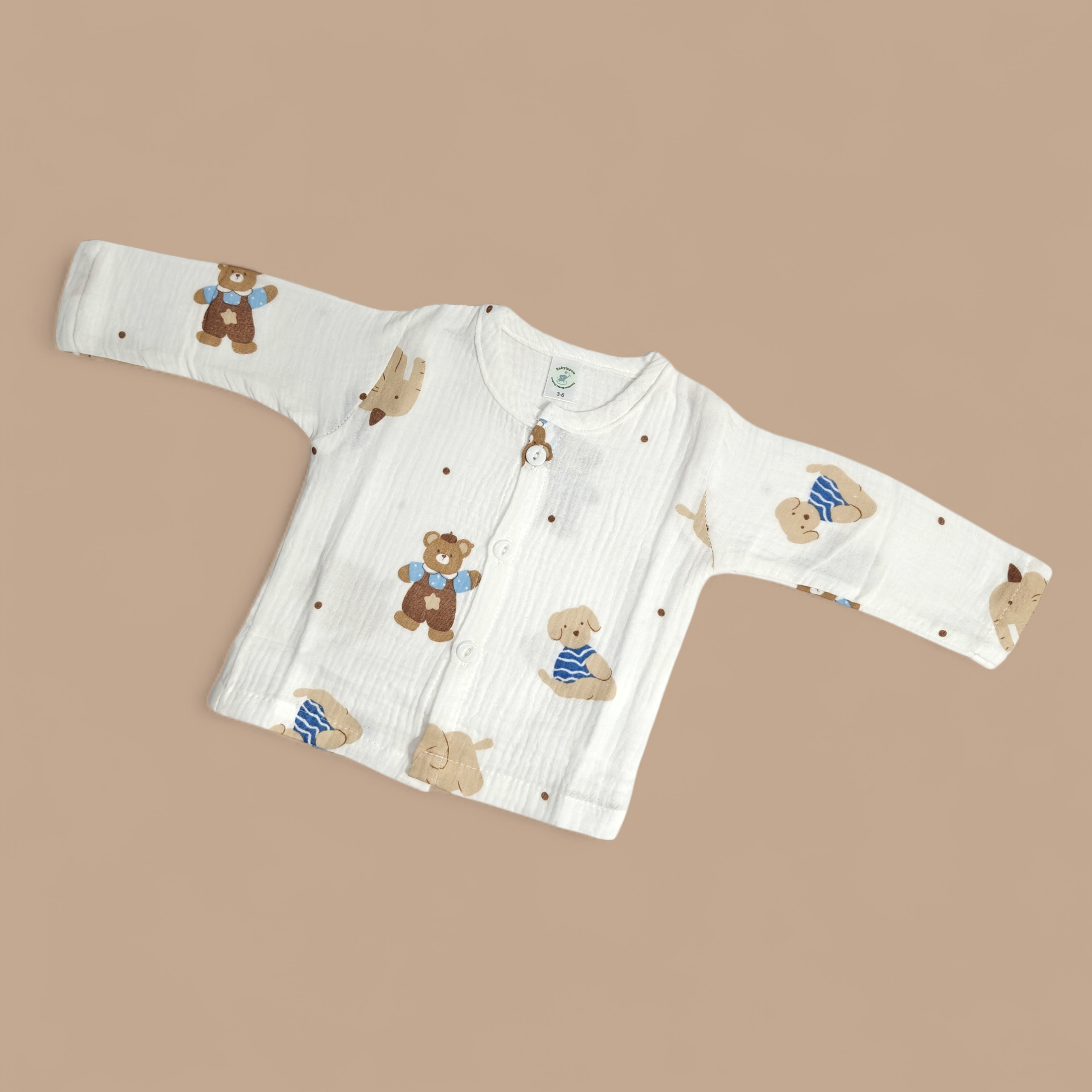 ELEPHANT & BEAR PRINT BUTTON-UP MUSLIN NIGHTSUIT - WHITE