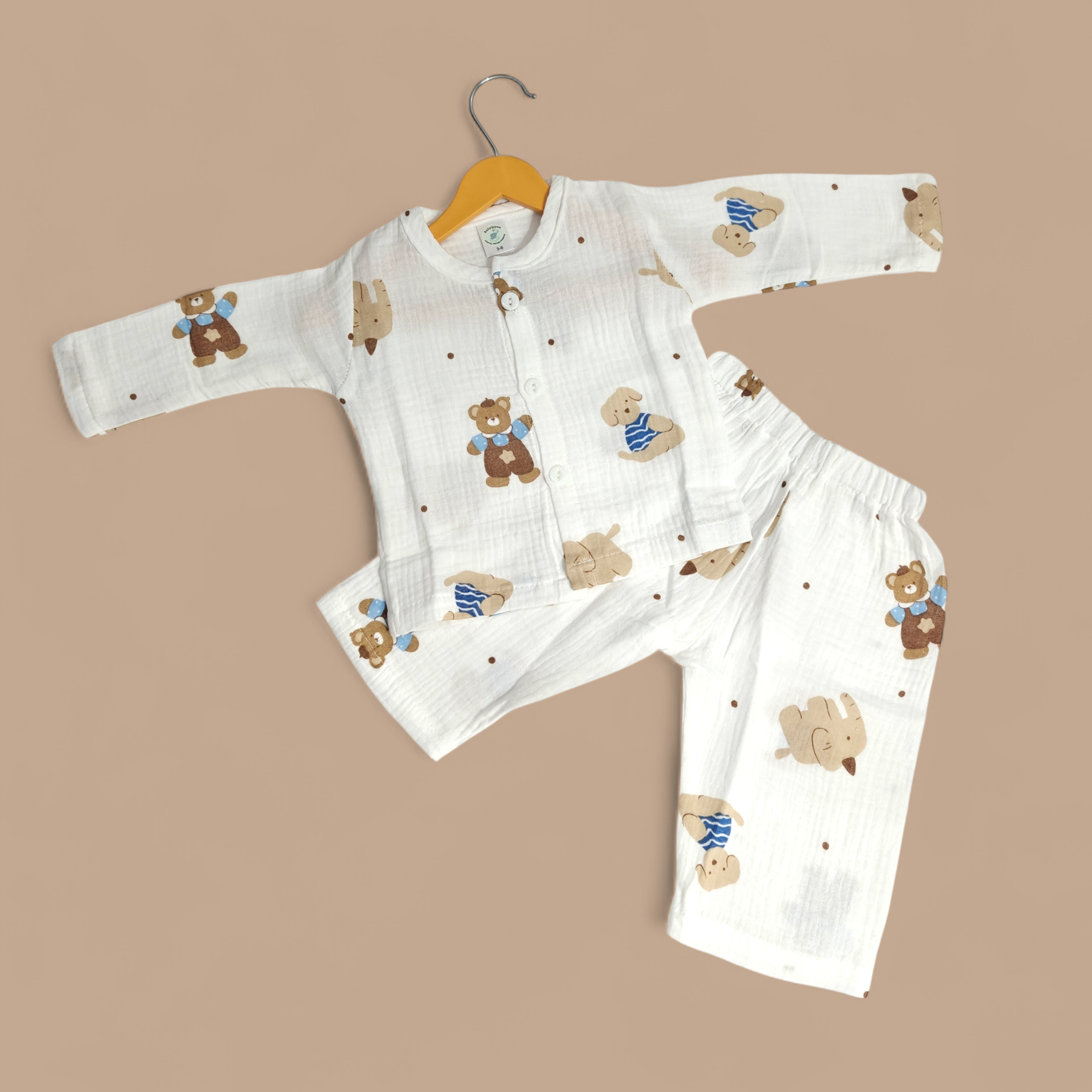 ELEPHANT & BEAR PRINT BUTTON-UP MUSLIN NIGHTSUIT - WHITE