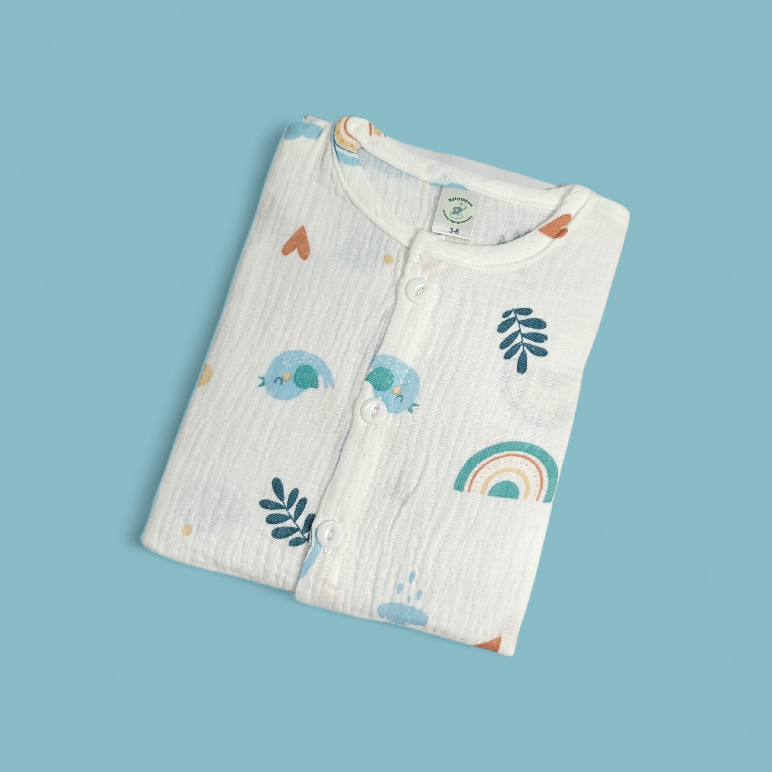 NATURE PRINT BUTTON-UP MUSLIN NIGHTSUIT - WHITE