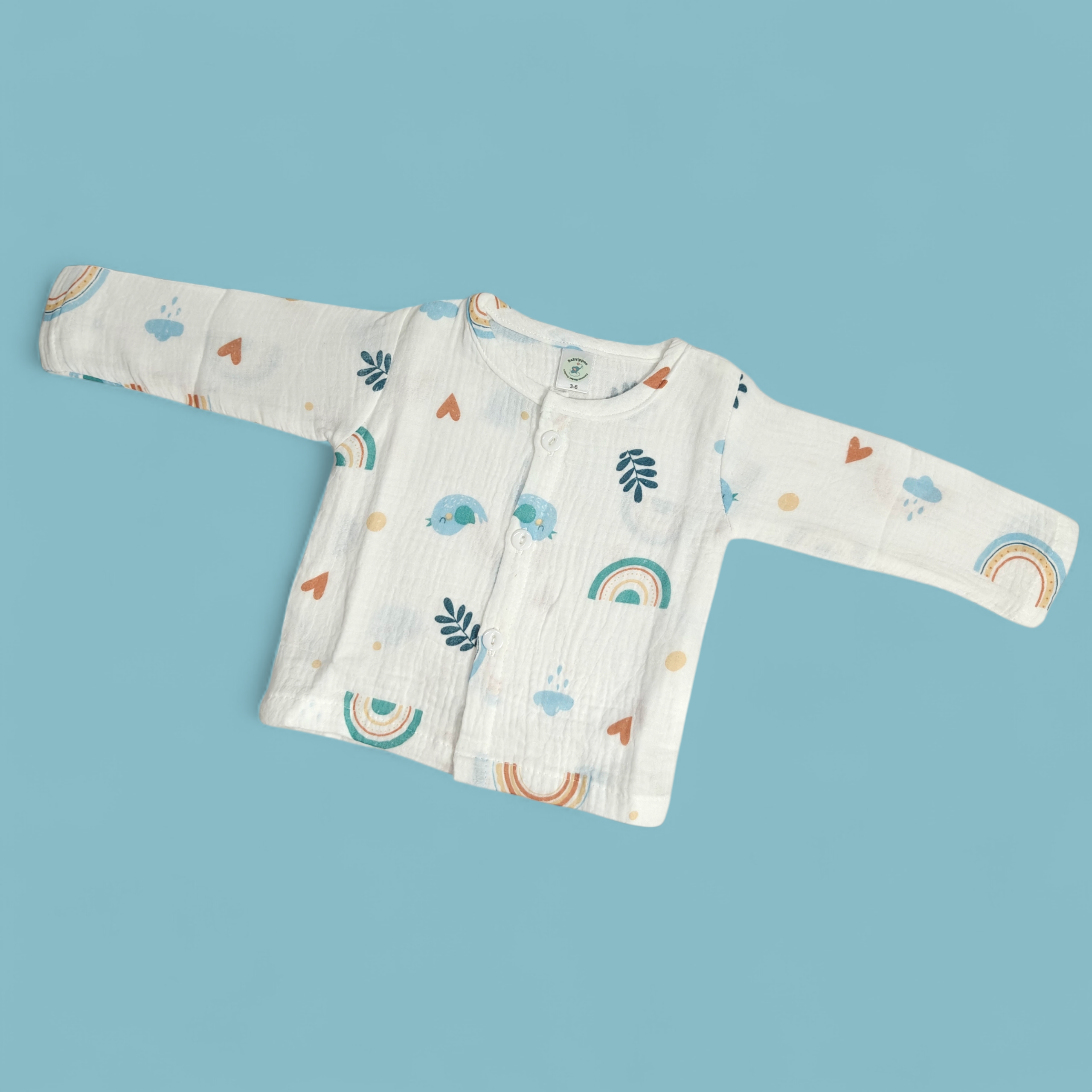 NATURE PRINT BUTTON-UP MUSLIN NIGHTSUIT - WHITE
