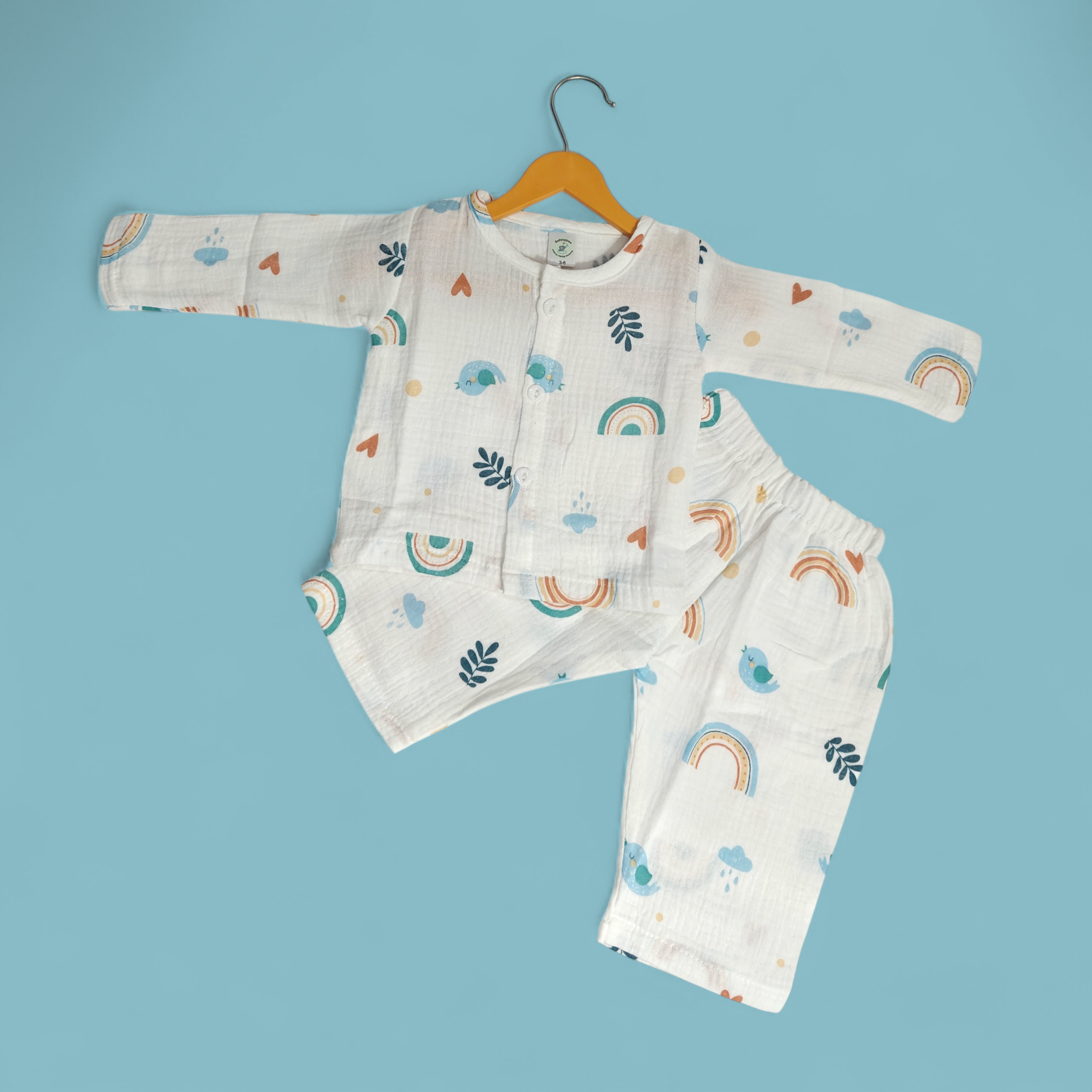 NATURE PRINT BUTTON-UP MUSLIN NIGHTSUIT - WHITE