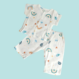NATURE PRINT HALF SLEEVES BUTTON-UP MUSLIN NIGHTSUIT - WHITE