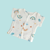 NATURE PRINT HALF SLEEVES BUTTON-UP MUSLIN NIGHTSUIT - WHITE