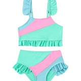 COLOR BLOCK RUFFLED DETAILED 2 PIECE SWIMSUIT - SEA GREEN