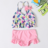 SPAGHETTI STYLE BOW APPLIQUE 2 PIECE SWIMSUIT - PINK
