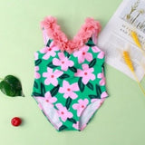 SLEEVELESS FLOWER APPLIQUE V CUT SWIMSUIT - GREEN & PINK