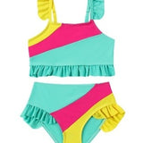 COLOR BLOCK RUFFLED DETAILED 2 PIECE SWIMSUIT - BLUE