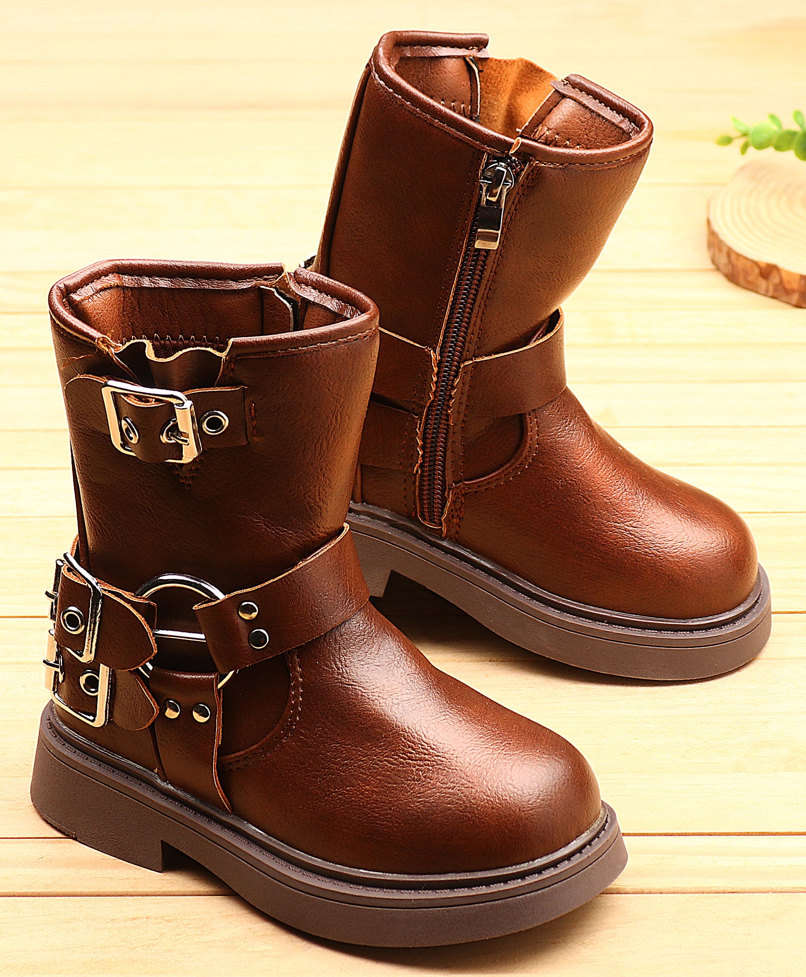 DOUBLE BUCKLE ZIP-UP WINTER BOOTS - BROWN