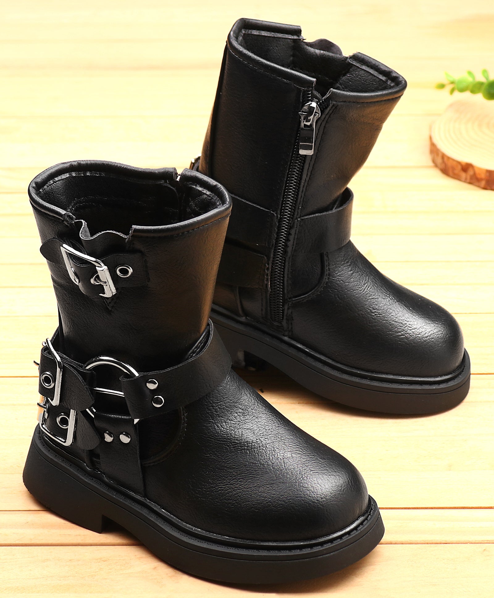 DOUBLE BUCKLE ZIP-UP WINTER BOOTS - BLACK