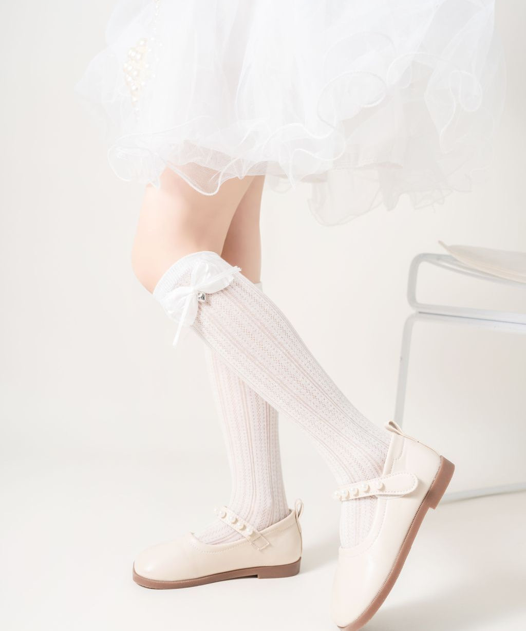 SATIN BOW & HEART APPLIQUE KNEE LENGTH SOCKS