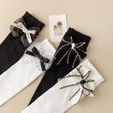 POLKA DOTTED BOW APPLIQUE KNEE LENGTH SOCKS