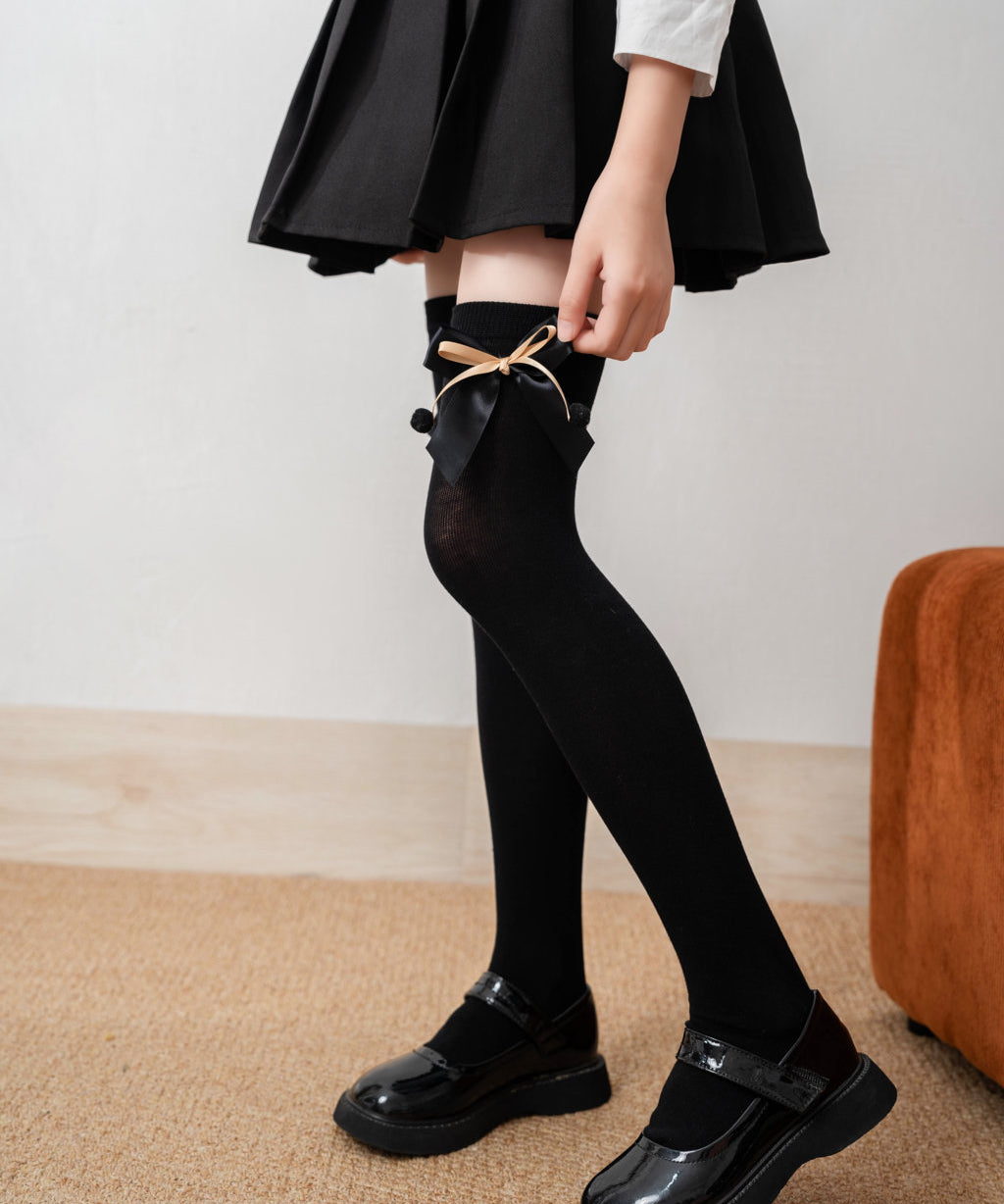 BOW & POM POM APPLIQUE KNEE LENGTH SOCKS