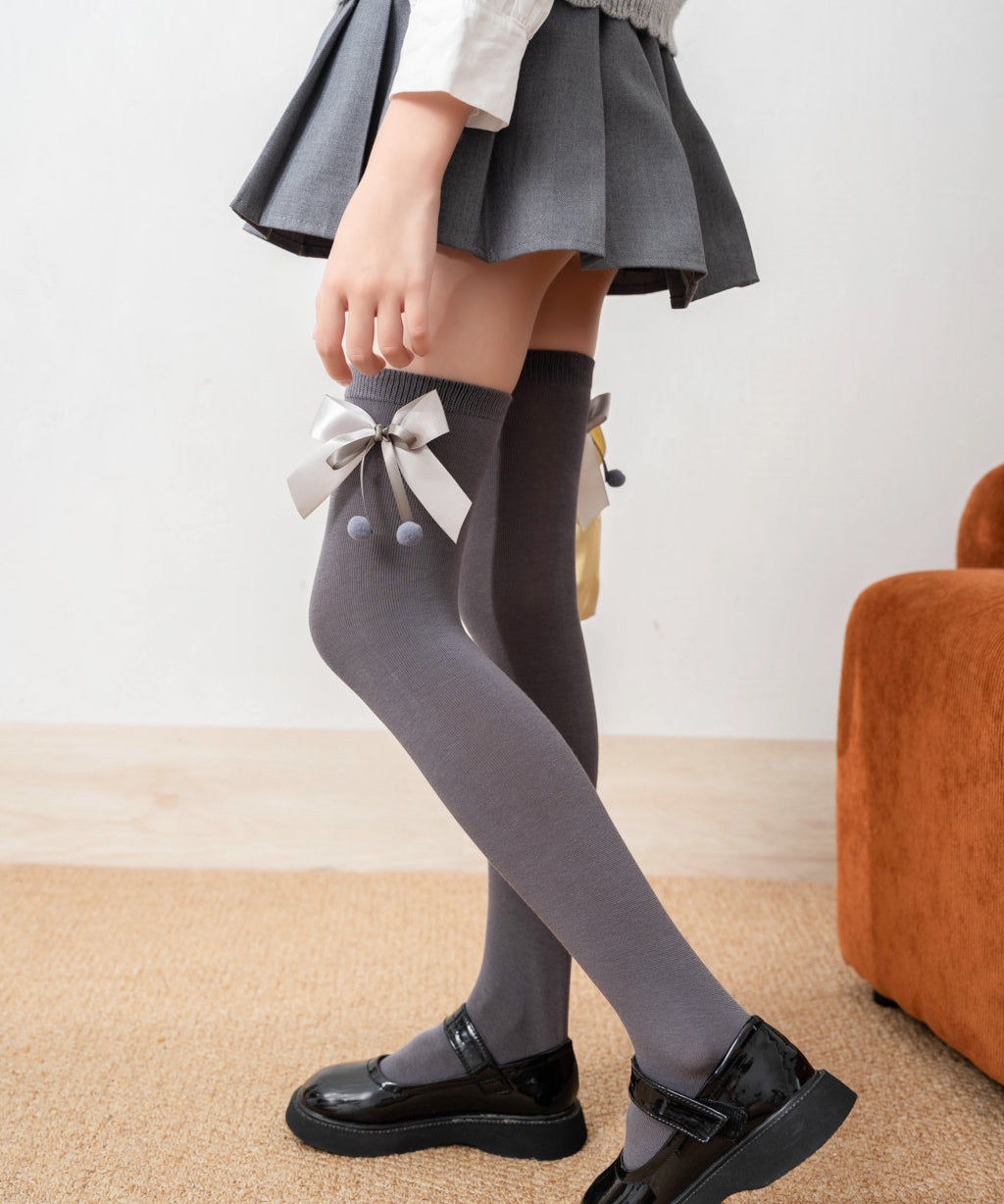 BOW & POM POM APPLIQUE KNEE LENGTH SOCKS