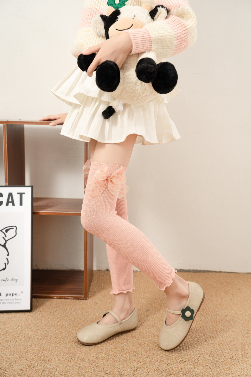 PRINTED BOW APPLIQUE  KNEE LENGTH OPEN TOE SOCKS