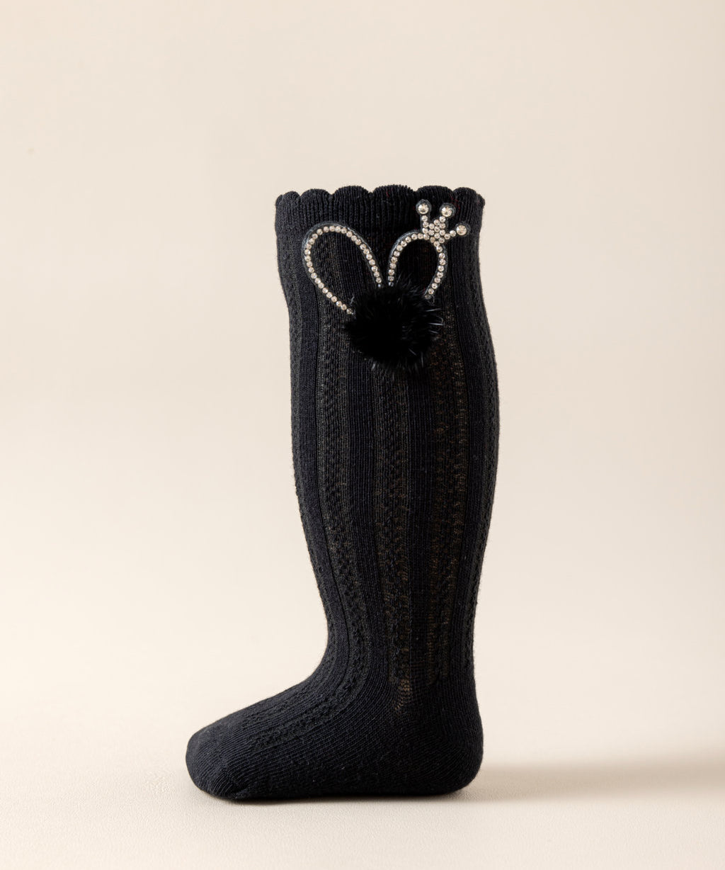BEADED CROWN & POM POM APPLIQUE KNEE LENGTH SOCKS
