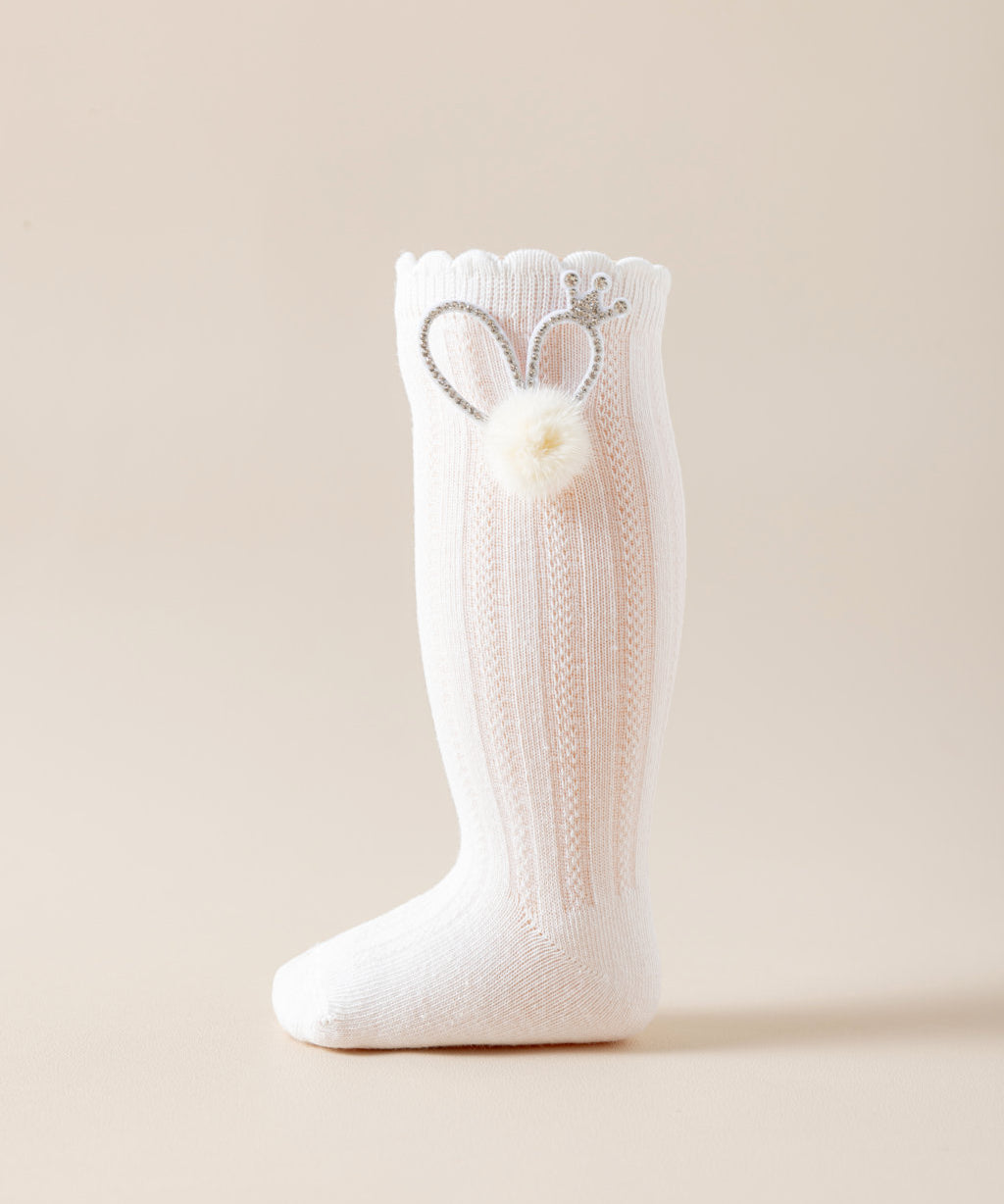BEADED CROWN & POM POM APPLIQUE KNEE LENGTH SOCKS