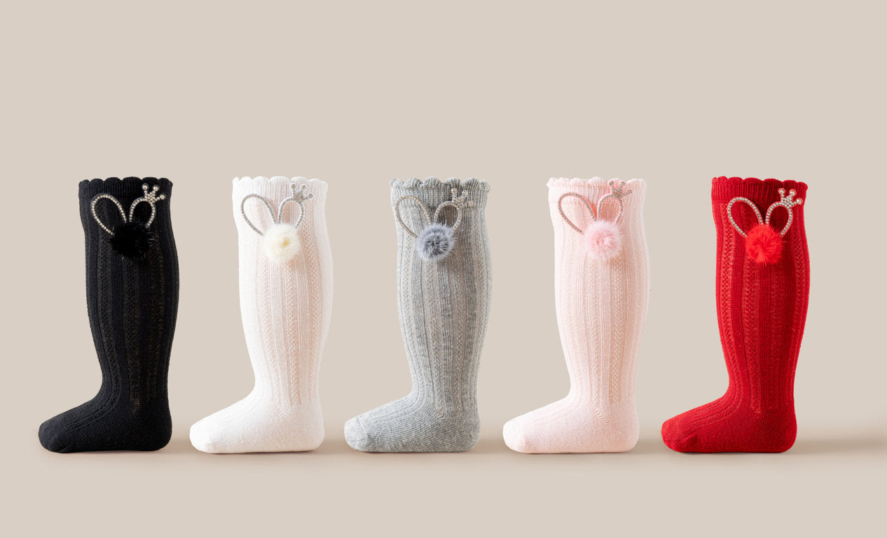 BEADED CROWN & POM POM APPLIQUE KNEE LENGTH SOCKS