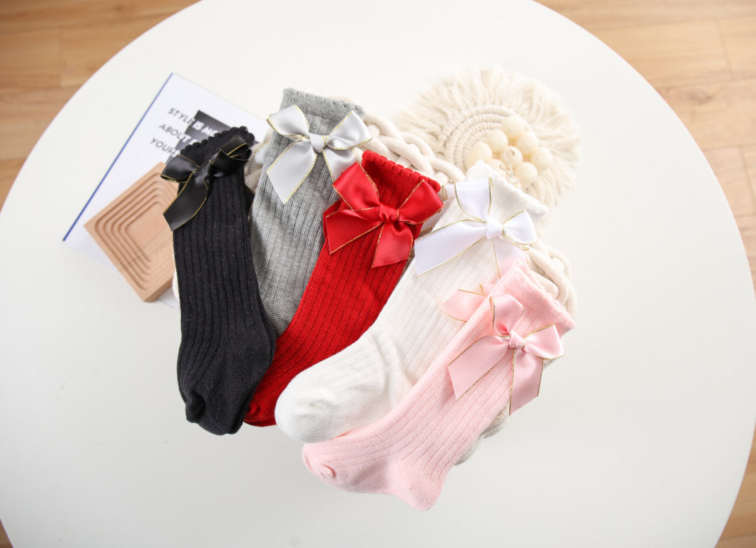 GLITTER FINISHED BOW APPLIQUE KNEE LENGTH SOCKS
