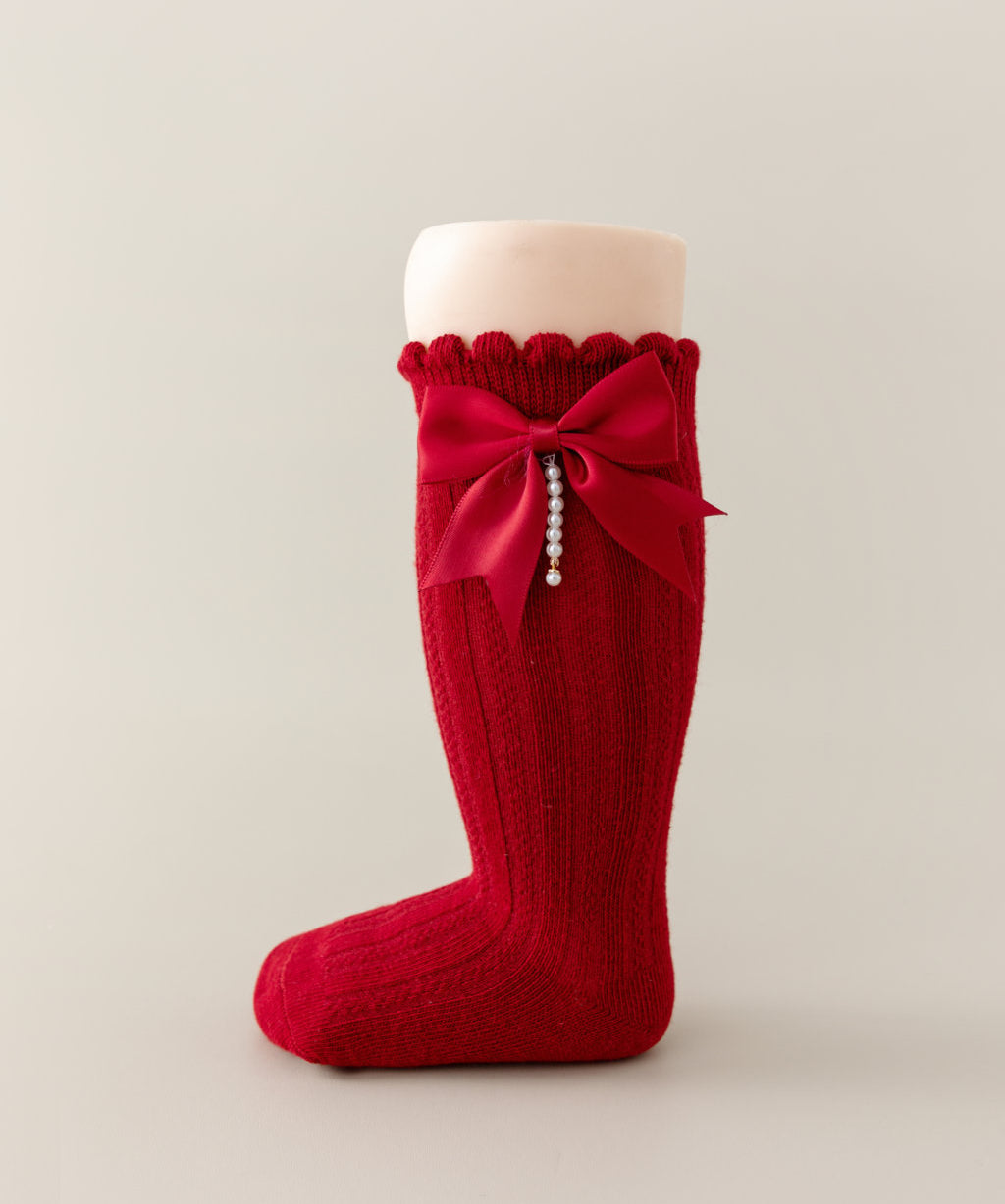 BOW & PEARL APPLIQUE KNEE LENGTH SOCKS