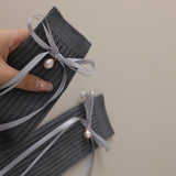RIBBONED KNOT DETAILED PEARL APPLIQUE KNEE LENGTH SOCKS