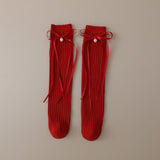 RIBBONED KNOT DETAILED PEARL APPLIQUE KNEE LENGTH SOCKS