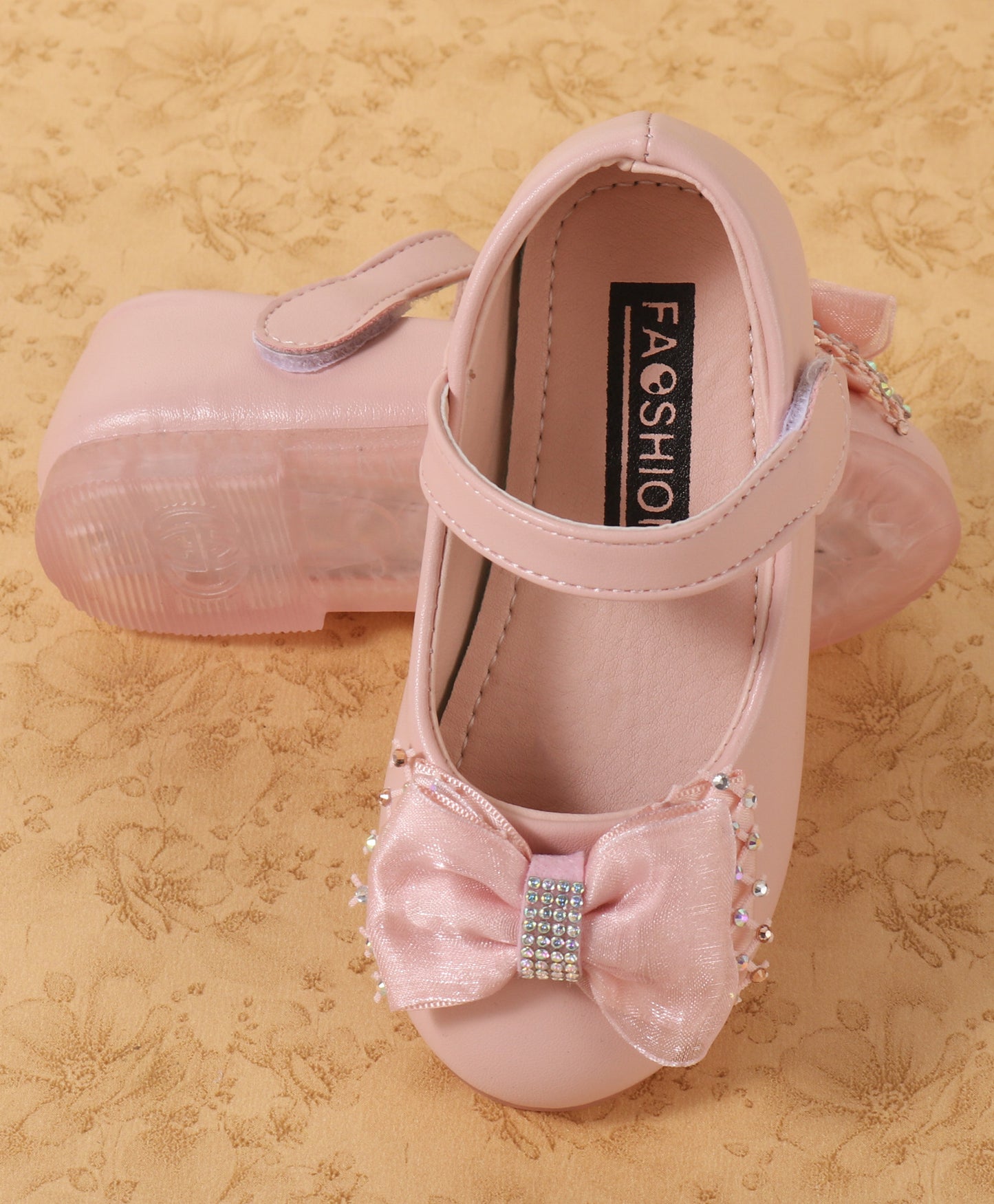 BEADED BOW APPLIQUE VELCRO CLOSURE BELLIES - PINK
